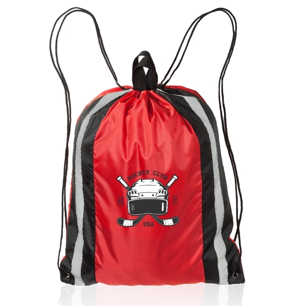 Polyester drawstring backpack with carry handle on top and reflective strips... from ASI 39552 BEL Promo