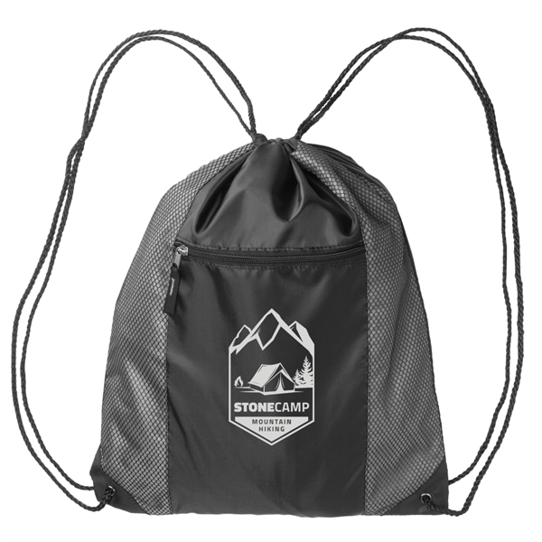 Polyester drawstring backpack with front mesh pocket and zipper closure... from ASI 39552 BEL Promo