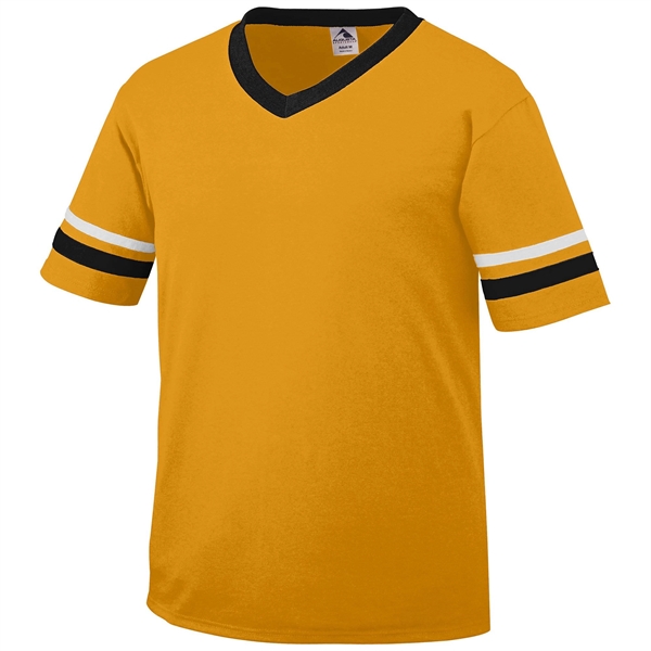 Adult jersey with contrast color sleeve stripes and rib-knit V-neck collar.... from ASI 37461 Augusta Sportswear / Augusta Sportswear, Inc. d/b/a Momentec Brands
