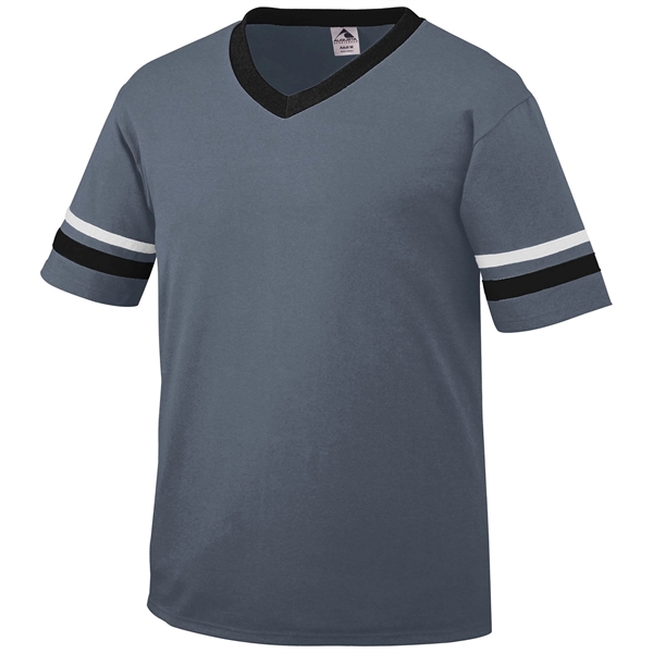 Adult jersey with contrast color sleeve stripes and rib-knit V-neck collar.... from ASI 37461 Augusta Sportswear / Augusta Sportswear, Inc. d/b/a Momentec Brands