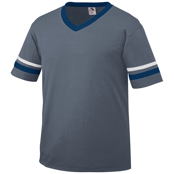 Adult jersey with contrast color sleeve stripes and rib-knit V-neck collar.... from ASI 37461 Augusta Sportswear / Augusta Sportswear, Inc. d/b/a Momentec Brands