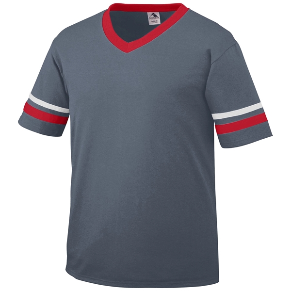 Adult jersey with contrast color sleeve stripes and rib-knit V-neck collar.... from ASI 37461 Augusta Sportswear / Augusta Sportswear, Inc. d/b/a Momentec Brands