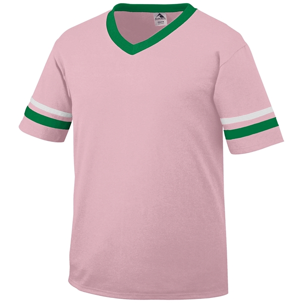 Adult jersey with contrast color sleeve stripes and rib-knit V-neck collar.... from ASI 37461 Augusta Sportswear / Augusta Sportswear, Inc. d/b/a Momentec Brands