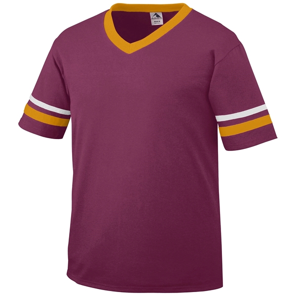 Adult jersey with contrast color sleeve stripes and rib-knit V-neck collar.... from ASI 37461 Augusta Sportswear / Augusta Sportswear, Inc. d/b/a Momentec Brands