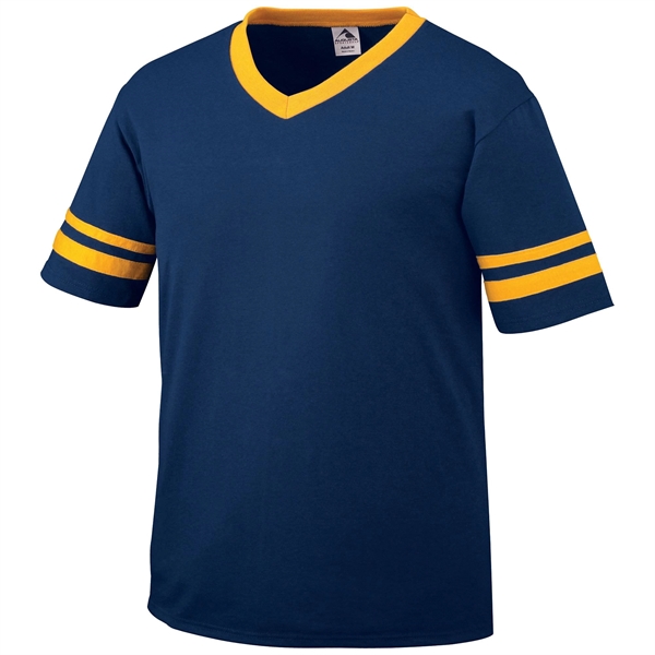 Adult jersey with contrast color sleeve stripes and rib-knit V-neck collar.... from ASI 37461 Augusta Sportswear / Augusta Sportswear, Inc. d/b/a Momentec Brands