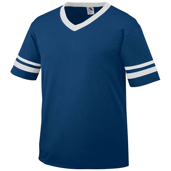 Adult jersey with contrast color sleeve stripes and rib-knit V-neck collar.... from ASI 37461 Augusta Sportswear / Augusta Sportswear, Inc. d/b/a Momentec Brands