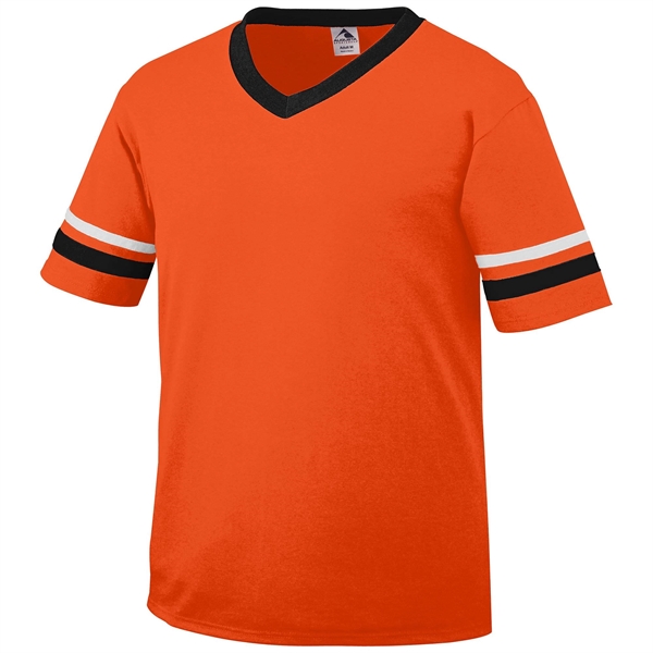 Adult jersey with contrast color sleeve stripes and rib-knit V-neck collar.... from ASI 37461 Augusta Sportswear / Augusta Sportswear, Inc. d/b/a Momentec Brands
