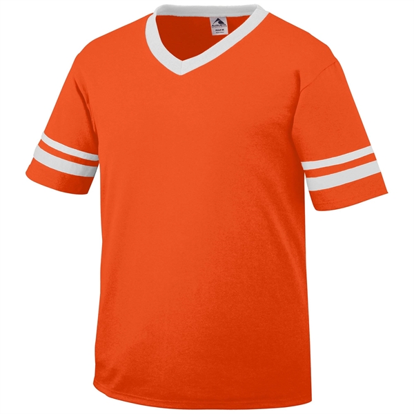 Adult jersey with contrast color sleeve stripes and rib-knit V-neck collar.... from ASI 37461 Augusta Sportswear / Augusta Sportswear, Inc. d/b/a Momentec Brands