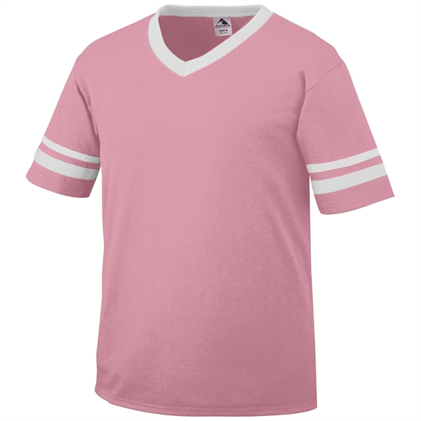 Adult jersey with contrast color sleeve stripes and rib-knit V-neck collar.... from ASI 37461 Augusta Sportswear / Augusta Sportswear, Inc. d/b/a Momentec Brands