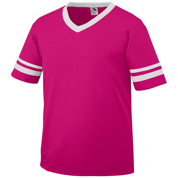 Adult jersey with contrast color sleeve stripes and rib-knit V-neck collar.... from ASI 37461 Augusta Sportswear / Augusta Sportswear, Inc. d/b/a Momentec Brands