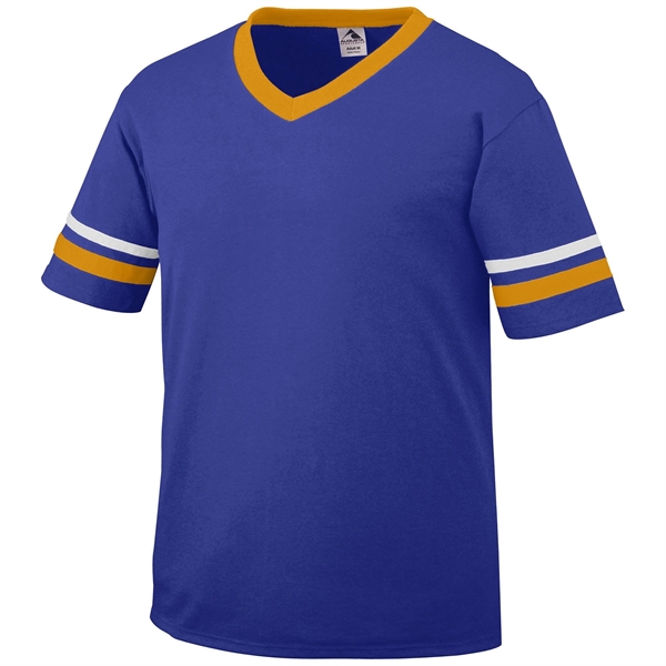 Adult jersey with contrast color sleeve stripes and rib-knit V-neck collar.... from ASI 37461 Augusta Sportswear / Augusta Sportswear, Inc. d/b/a Momentec Brands