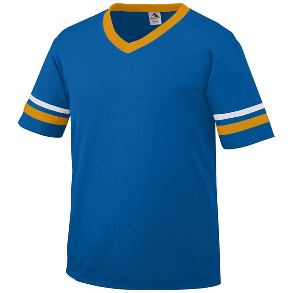 Adult jersey with contrast color sleeve stripes and rib-knit V-neck collar.... from ASI 37461 Augusta Sportswear / Augusta Sportswear, Inc. d/b/a Momentec Brands