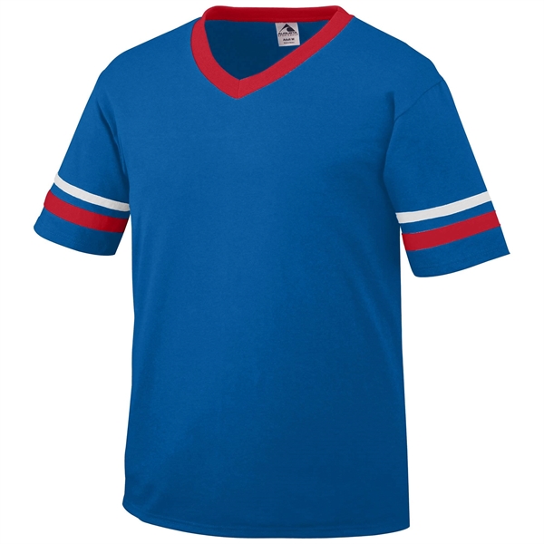 Adult jersey with contrast color sleeve stripes and rib-knit V-neck collar.... from ASI 37461 Augusta Sportswear / Augusta Sportswear, Inc. d/b/a Momentec Brands