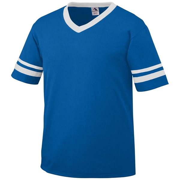 Adult jersey with contrast color sleeve stripes and rib-knit V-neck collar.... from ASI 37461 Augusta Sportswear / Augusta Sportswear, Inc. d/b/a Momentec Brands