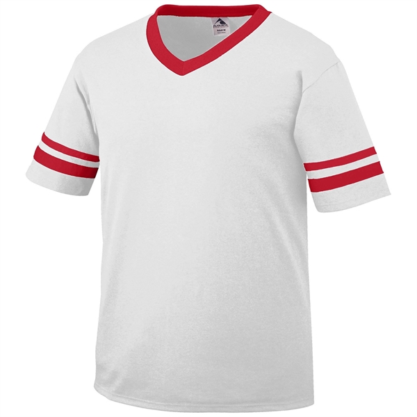 Youth sleeve stripe jersey with contrasting V-neck collar and set-in sleeves.... from ASI 37461 Augusta Sportswear
