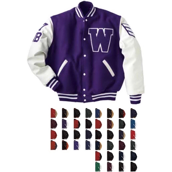 Melton wool varsity jacket with quilted lining, full snap front, and... from ASI 37461 Augusta Sportswear / Holloway Sportswear