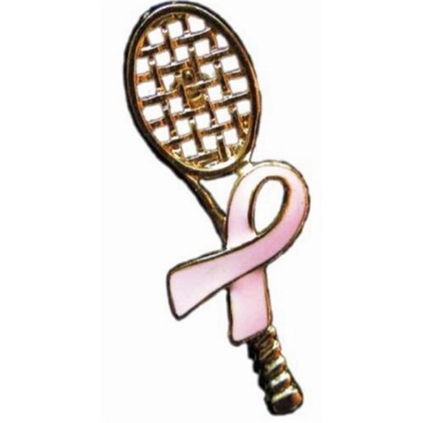 Lapel pin with awareness ribbon on metal tennis racquet.... from ASI 69240 MasterCast LTD / Amcraft