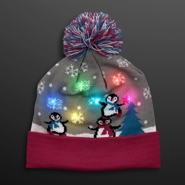 Cute Penguins LED Beanie Hat, Blinky Knit Cap; Blank Pricing... from ASI 34194 ALightPromos / Alight Promotional Products