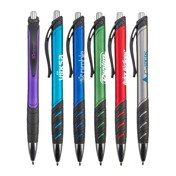 Retractable ballpoint pen with techno rubber grip and matte metallic barrel.... from ASI 52840 Evans Manufacturing