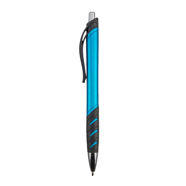 Retractable ballpoint pen with techno rubber grip and matte metallic barrel.... from ASI 52840 Evans Manufacturing