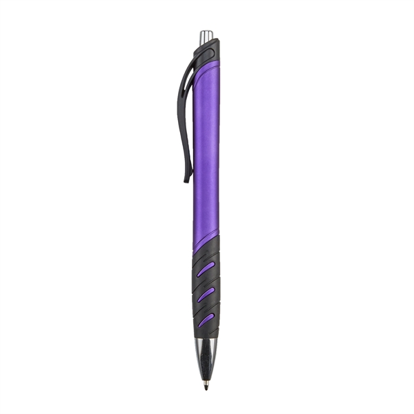 Retractable ballpoint pen with techno rubber grip and matte metallic barrel.... from ASI 52840 Evans Manufacturing