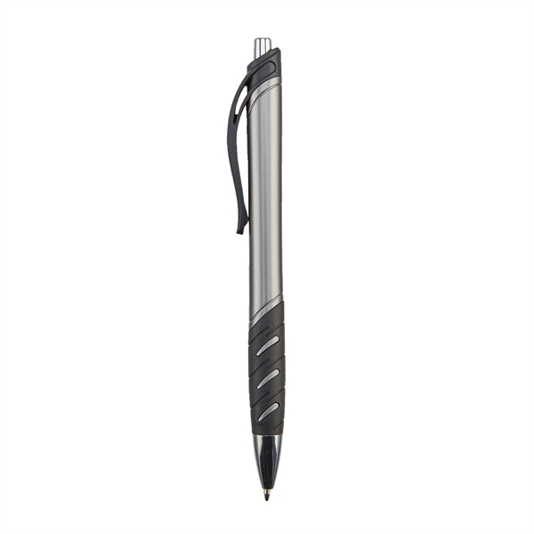 Retractable ballpoint pen with techno rubber grip and matte metallic barrel.... from ASI 52840 Evans Manufacturing