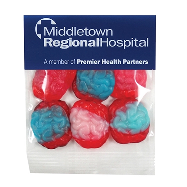 Clear 1 oz. pouch filled with gummy brains, featuring a four... from ASI 71685 Midnite Snax®