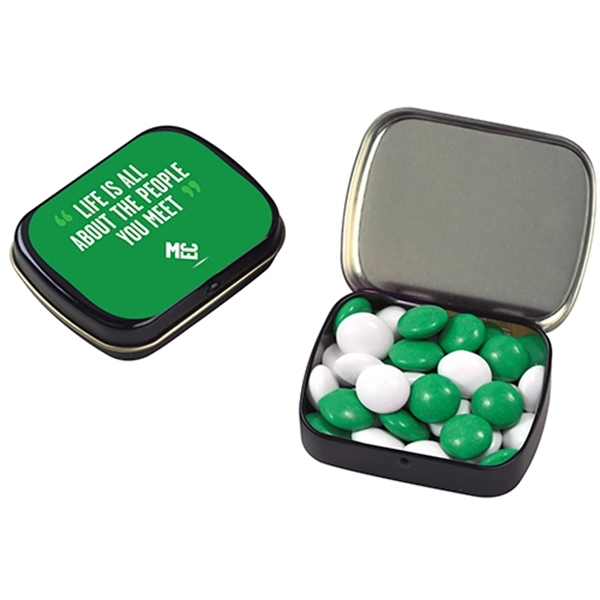Small hinged tin filled with chocolate buttons candy.... from ASI 71685 Midnite Snax®