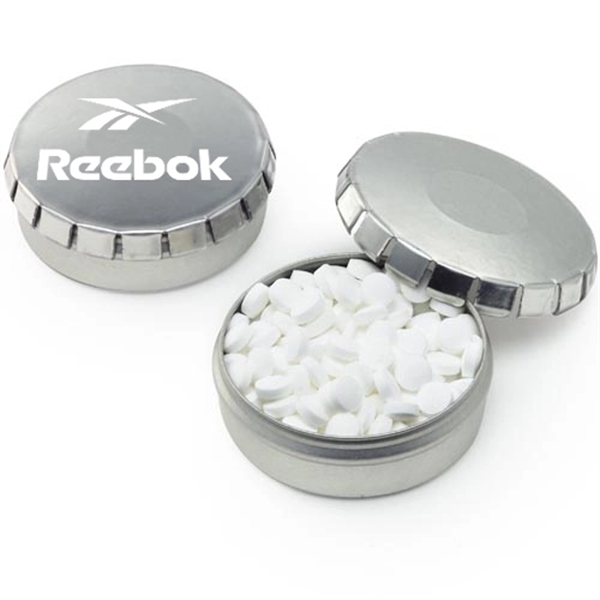 Customizable push top tin filled with 0.7 oz. of sugar-free peppermints.... from ASI 71685 Midnite Snax®