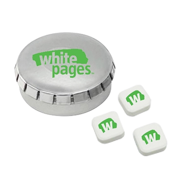 Small, round push-top tin filled with imprinted sugar-free peppermints.... from ASI 71685 Midnite Snax®