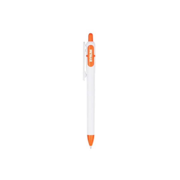 Plastic pen with white barrel, matching white clip, colored trim and... from ASI 30442 Above & Beyond Advertising Products / PromoAdLine