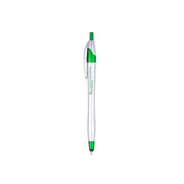 Plastic retractable ballpoint pen with stylus, colored trim, silver barrel and... from ASI 30442 Above & Beyond Advertising Products / PromoAdLine