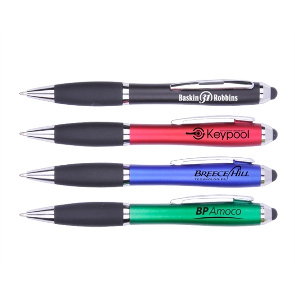 Plastic pen with twist-action mechanism, stylus, colored barrel, black grip and... from ASI 30442 Above & Beyond Advertising Products / PromoAdLine