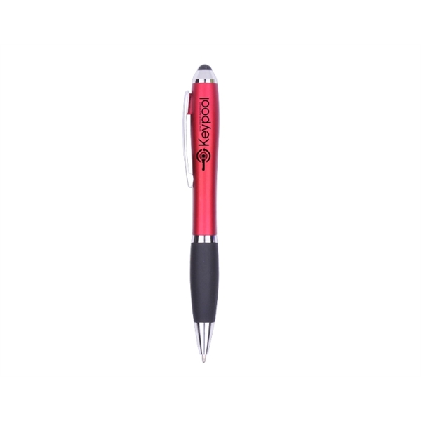 Plastic pen with twist-action mechanism, stylus, colored barrel, black grip and... from ASI 30442 Above & Beyond Advertising Products / PromoAdLine