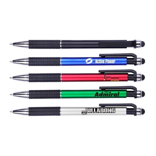 Plastic click-action pen with stylus, colored barrel, black grip and clip... from ASI 30442 Above & Beyond Advertising Products / PromoAdLine