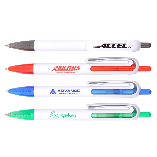Plastic click-action pen with white barrel, translucent colored inner tube and... from ASI 30442 Above & Beyond Advertising Products / PromoAdLine