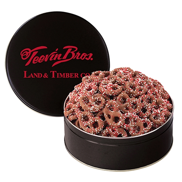 Medium sized tin filled with chocolate covered pretzels with Corporate Color™... from ASI 71685 Midnite Snax®