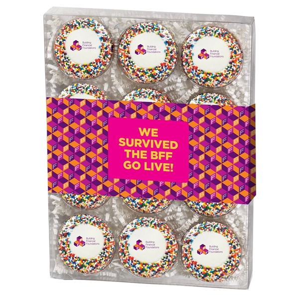 Twelve pack of chocolate covered Oreos® featuring rainbow nonpareil sprinkles.... from ASI 71685 Midnite Snax®