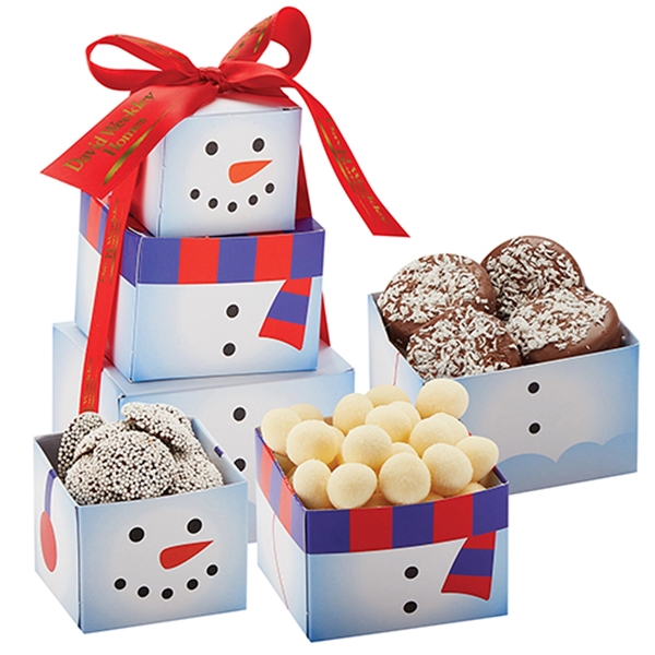 Mini Snowman Tower. Sugar cookie snowballs, dark chocolate nonpareils, four chocolate... from ASI 71685 Midnite Snax®