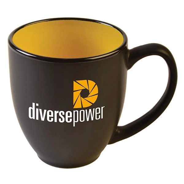 Hard-coated 15 ounce ceramic bistro-style mug in assorted two-tone colors.... from ASI 39820 Opusline (Benmex) / Opus Line