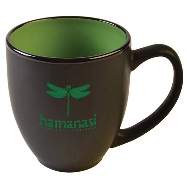 Hard-coated 15 ounce ceramic bistro-style mug in assorted two-tone colors.... from ASI 39820 Opusline (Benmex) / Opus Line