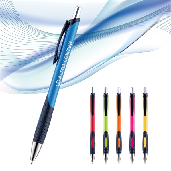 Plunger action pen with contoured colored barrel with grooved, co-molded soft... from ASI 82498 RiteLine LLC