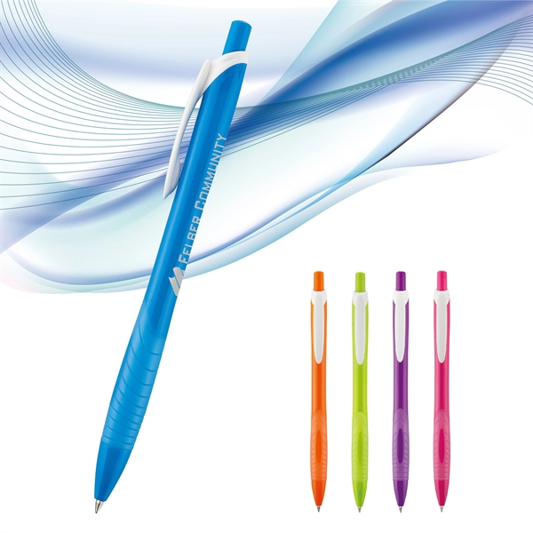 Plunger action pen with contoured colored barrel, grooved co-molded translucent soft... from ASI 82498 RiteLine LLC