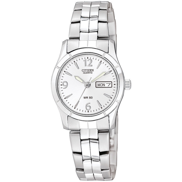 Citizen Ladies' quartz stainless steel bracelet with white dial. Day/Date feature... from ASI 61966 HPG / HPG Gold Beacon Premium Brands