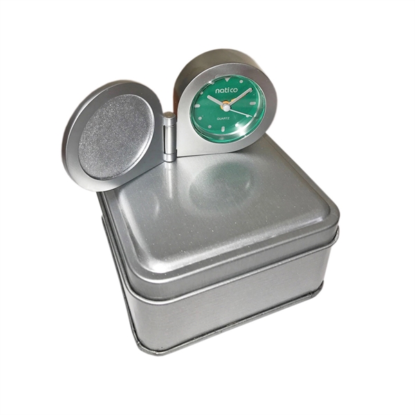 Round, matte nickel travel alarm clock packaged in a tin box.... from ASI 73010 Natico Originals Inc / Natico Originals