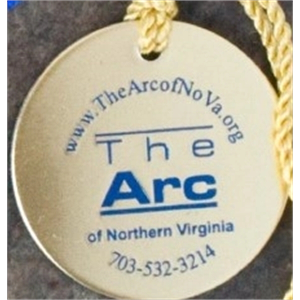 1.5" round ornament with an assembled metallic string or a colorful... from ASI 41080 Nelson Boone Co Inc / Alumaline® & Brass