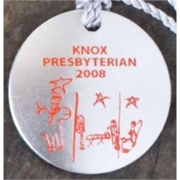 1.5" round ornament with an assembled metallic string or a colorful... from ASI 41080 Nelson Boone Co Inc / Alumaline® & Brass