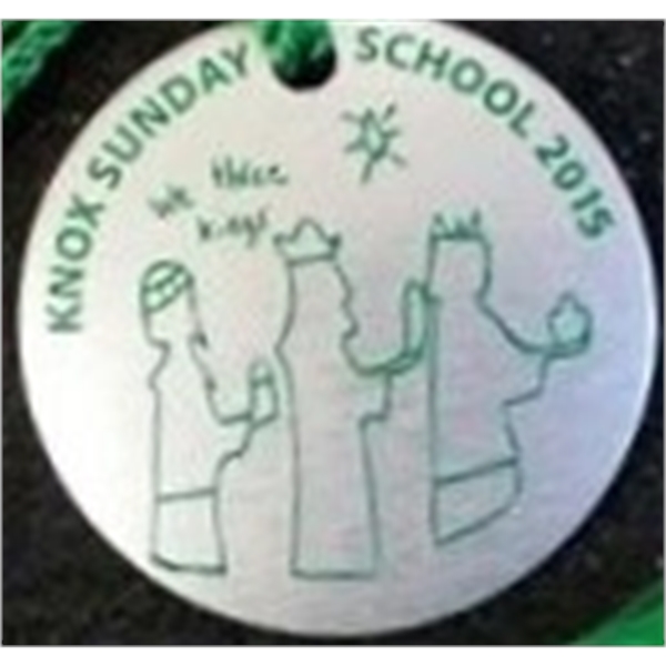 1.5" round ornament with an assembled metallic string or a colorful... from ASI 41080 Nelson Boone Co Inc / Alumaline® & Brass