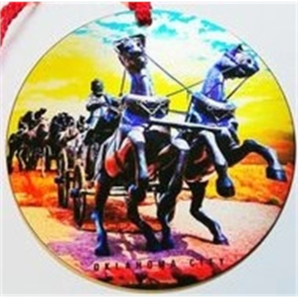 1.5" round ornament with an assembled metallic string or a colorful... from ASI 41080 Nelson Boone Co Inc / Alumaline® & Brass