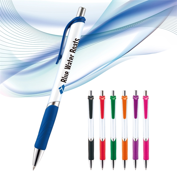 Frisco Prime plunger-action pen with a contoured, bright white barrel, chrome... from ASI 82498 RiteLine LLC